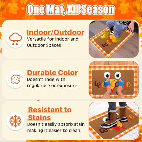 Tinideya 2 Pcs Thanksgiving Welcome Doormat 23x35 in Layered Buffalo Plaid Carpet Coquette Nonslip Fall Orange Turkey Bathroom Coir Mats for Entrance Porch Indoor Outside Home Decor Gift Supplies - Image 4
