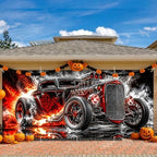 Vintage Hot Rod Garage Door Banner 7x16ft, Heavy Metal Muscle Car Outdoor Decoration, Flaming Skull Racing Car Double Garage Door Cover Tapestry Mural for House Front Man Cave Decor Accent - Image 5