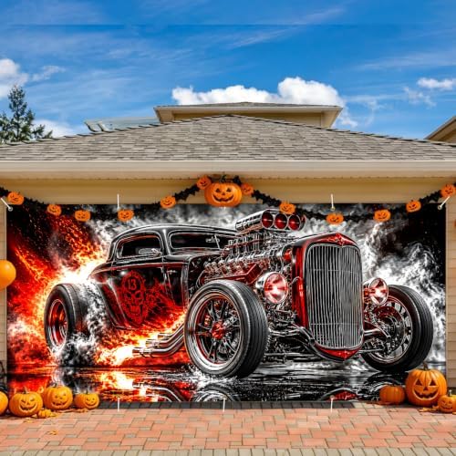 Vintage Hot Rod Garage Door Banner 7x16ft, Heavy Metal Muscle Car Outdoor Decoration, Flaming Skull Racing Car Double Garage Door Cover Tapestry Mural for House Front Man Cave Decor Accent - Image 5