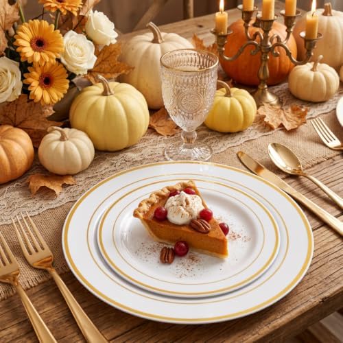 FLOWERCAT 60PCS Gold Plastic Plates - Heavy Duty White and Gold Plastic Plates Disposable for Fall Party/Wedding/Thanksgiving - Include 30PCS 10.25" Dinner Plates and 30PCS 7.5" Dessert Plates - Image 2