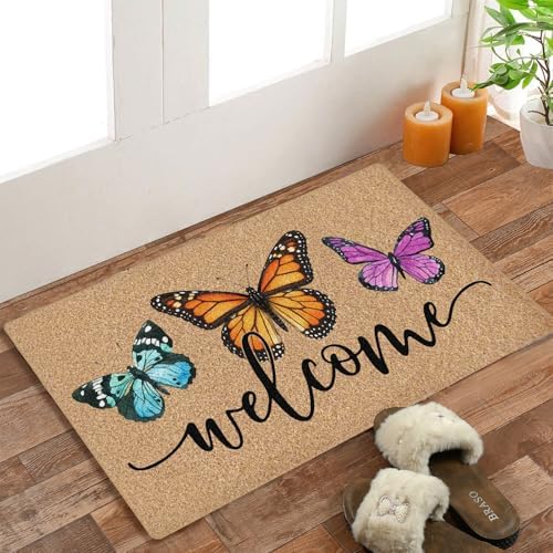 Butterfly Coco Coir Doormat Door Welcome Mat for Home Entrance Front Door, Summer Rustic Farmhouse Butterfly Welcome Floor Mats for Outdoor Outside Entryway 30x17 Inch - Image 2