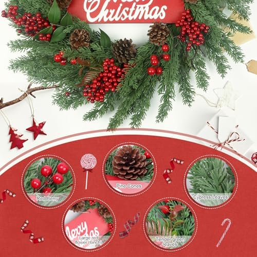 Christmas Wreaths for Front Door,Winter Wreaths for Indoor and Outdoor Decorations,Christmas Door Wreath with Pine Cones and Leaves,Berries,Wood Sign for Decor - Image 3