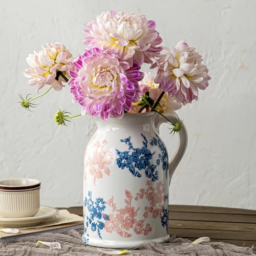 Pink Blue and White Pitcher Vase, 8 Inch Vintage Chinoiserie Ceramic Flower Vase, Rustic Retro Ice Cracked Antique Porcelain Vases for Home Farmhouse Table Centerpieces Shelf Decor ﻿ by Unknown