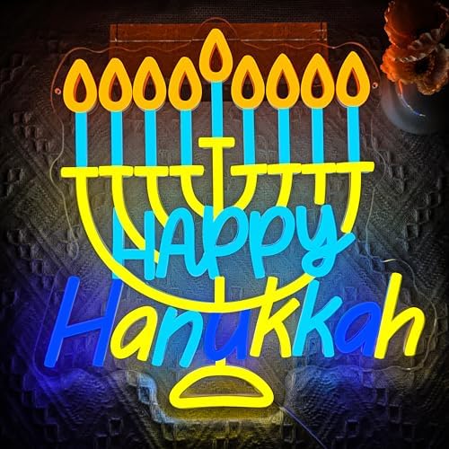 Happy Hanukkah Neon Sign Dimmable Candlestick LED Neon Light Signs Hanukkah Decorations for Home Hanukkah Neon Light for Wall Room Bedroom Decor Jewish Menorah Holiday Gifts - Image 2