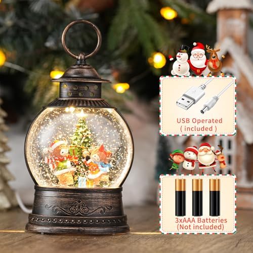 Christmas Snow Globes Lantern, Winter Scene with Highland Cow Christmas Tree, Musical Snowglobe with LED Lights & 6h Timer Swirling Glitter Holiday Decortaions Gifts, USB/Battery Powered - Image 4