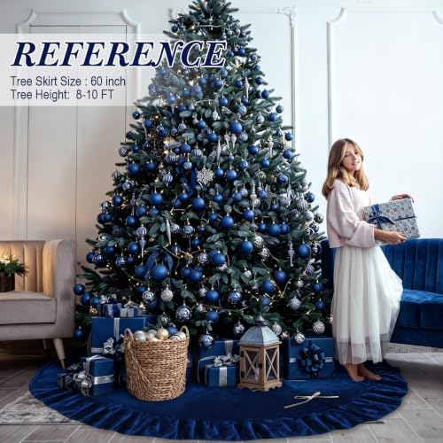 60 Inches Velvet Christmas Tree Skirt Decorations Blue Luxury Xmas Fur Plush Skirts for Merry Christmas Party Rustic Vintage Holiday Home Winter - Image 4
