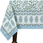 80x120 Inches Rectangle Hand Block Printed Cotton Tablecloth, Green Blue Floral Table Cloths Washable, Indian Table Linen for Halloween Christmas Outdoor Thanksgiving Gifts Home Decor Dinning Outdoor by HomeSpunCrafts