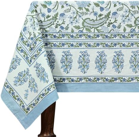 80x120 Inches Rectangle Hand Block Printed Cotton Tablecloth, Green Blue Floral Table Cloths Washable, Indian Table Linen for Halloween Christmas Outdoor Thanksgiving Gifts Home Decor Dinning Outdoor by HomeSpunCrafts