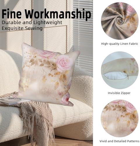 Pink Floral Pillow Covers 24''x24'' Set of 4, Vintage Flowers Cushion Covers Spring Watercolor Printed Botanical Pillowcases for Couch Sofa Bedroom Farmhouse Garden Patio Car Decoration - Image 2