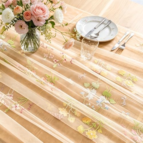 BINBE 12pcs Champagne Florals Table Runner Embroidery Gauze 10FT Daisy Seasonal Tulle Birthday Wedding Holiday Kitchen Dining Table Decor for Home Party - Image 5