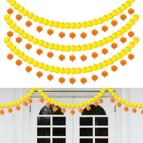 Riceshoot 3 Pcs Marigold Garland 4.6 ft for Day of The Dead Decor, Yellow by Zuqqaaoor