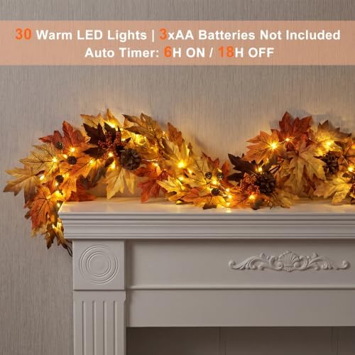 6FT Fall Garland with 30 Warm Lights & Timer & Gradient Maple Leaves - Image 2