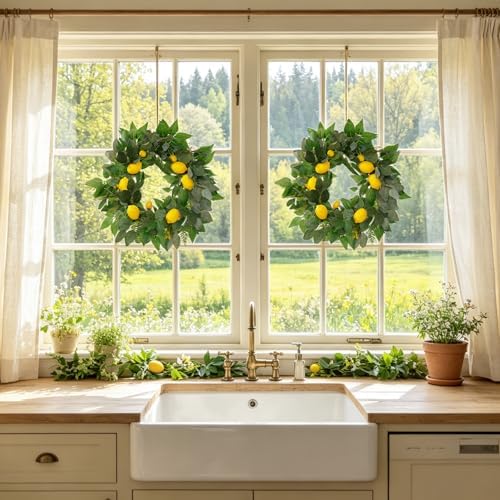 24 Inch Artificial Lemon Wreath for Front Door, Summer Lemon Wreath with Lifelike Yellow Lemons, Greenery, Spring Summer Farmhouse Wreaths for Porch Wall Window Kitchen Home Decor - Image 7