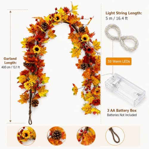 13.2ft Fall Decoration for Home Fall Leaf Garland with Light Indoor Outdoor - Image 2