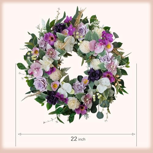22" Artificial Flower Wreath Spring/Summer Floral Wreaths for Front Door with Roses Orchid Gardenia Dahlia Full and Elegant Decor for Inside Outside Wall Window Festival Party Wedding （White Purple） - Image 3
