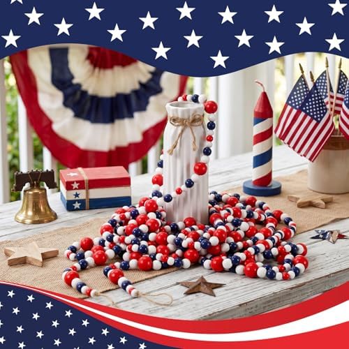 Giegxin 1 Pcs 32.8 ft 4th of July Wooden Bead Garland Patriotic Hanging Garland Farmhouse Beads Decor for Independence Day Mantel Table Party Wall Home Decorations (Blue,Red,White) - Image 5
