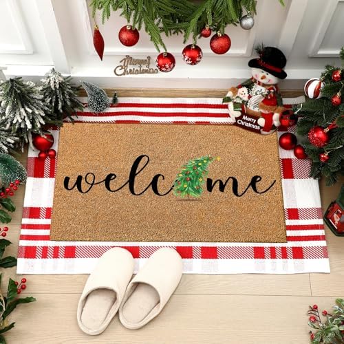 Moucuny 2 Pcs Christmas Tree Welcome Door Mat Outdoor, Coir, Non Slip by Moucuny