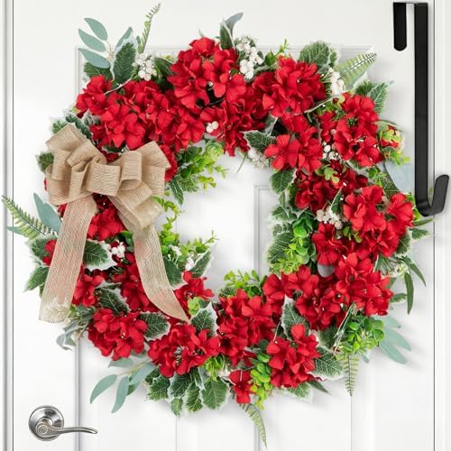NUPTIO Geranium Wreath for Front Door: Christmas Red Wreaths, 24 Inch by Nuptio
