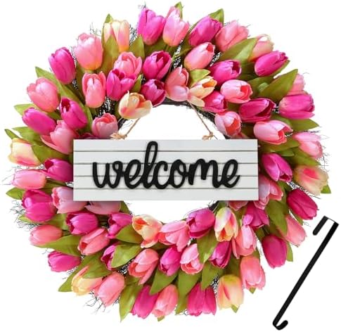 Wreaths, Tulip Wreath, 24 Inch Wreath for Front Door, Spring Wreaths with Metal Hanger, for Summer and Winter, Indoors,Outdoors, corridors, Offices. (Pink) by Huadanbor