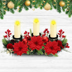 meekoo Christmas Centerpiece with 3 Candle Holders 3 LED Candles 1 String Lights Xmas Triple Candelabrum Poinsettia Red Berry Pine Cones with 3 Candle Holders for Tables Home Decorations by meekoo
