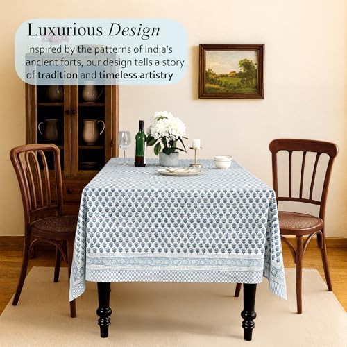 CPC Apatite Blue Floral Hand Block Printed 100% Cotton Tablecloth 60x108 Rectangular Reusable and Washable Boho Dining Table Cloth Thanksgiving - Image 2