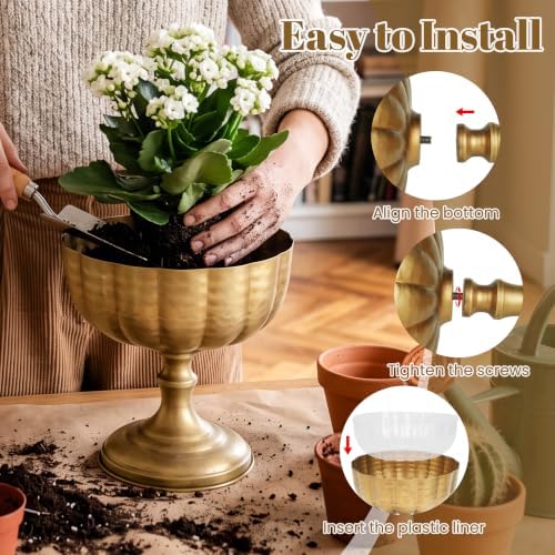 Gold Vases for Centerpieces Tables, Tall Metal Flower Urn Pedestal Vase Compote Bowl with Plastic Liners, Vintage Floral Arrangement Pots for Wedding Table Decor - Image 4