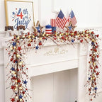 Wavwavw 59 Inches 4th of July Patriotic Garland Lighted Red White Blue Memorial Day Garland Artificial Star and Berry Lights Battery Operated 250th Anniversary Decor for Home Mantle Fireplace Table - Image 4