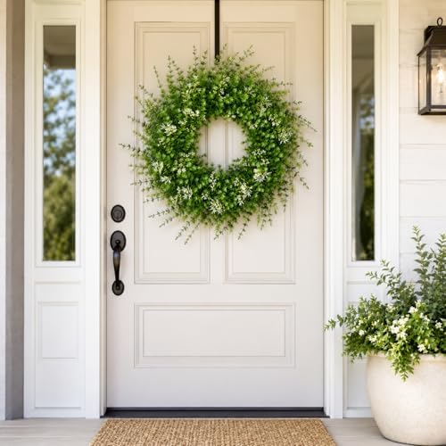 26 Inch Artificial Boxwood Wreath with White Flowers, Large Greenery Wreath - Image 7