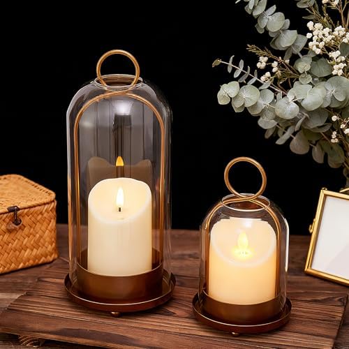 Hurricane Candle Holders Set of 2, 5" & 4" Metal and Glass Candle Lantern with Clear Dome for Pillar Candle, Wedding & Christmas Table Centerpiece, Farmhouse Home Decor (Brass, Large & Small) - Image 2