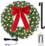 24in Pre Lit Christmas Wreath with Lights & Timer & Remote - 50 LEDs, 8 Lighting Modes -Lighted Christmas Wreath for Front Door with Hanger & Red Bow for Christmas Decorations by GameXcel