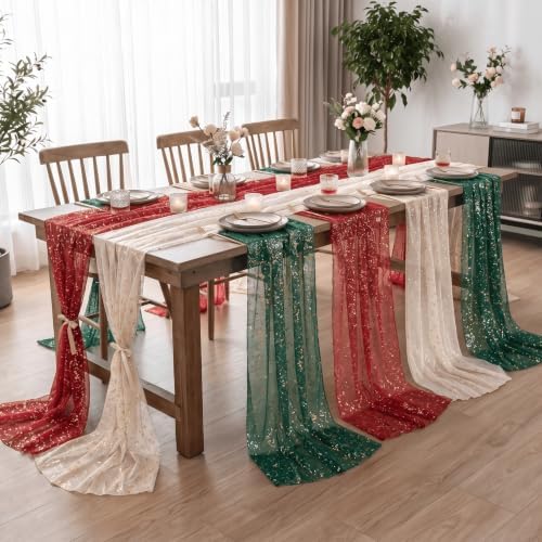 Artoid Mode 3PC Beige Red Green Gauze Table Runner 120 Inch 10FT, Glitter Metallic Foil Sheer for Wedding Anniversary Holiday Birthday Home Party Decor - Image 5