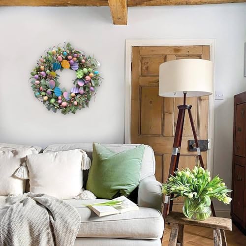 24 Inch Spring Easter Eggs Wreath with Lamb Ears Leaves for Front Door, Glitter Eggs Green Leaves Door Wreath with Berries for Indoor and Outdoor, Easter Egg for Home Decor - Image 5