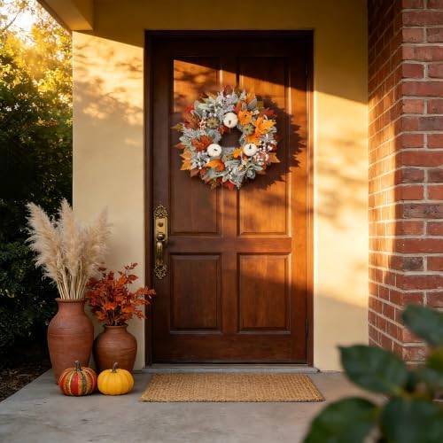 Artificial Fall Wreath 22 Inch Fall Wreaths for Front Door with White Pumpkins Oeange Maple Leaves Lamb's Ear and Berries Autumn Wreath Thanksgiving Harvest Wreath for Festival Wall Porch - Image 3