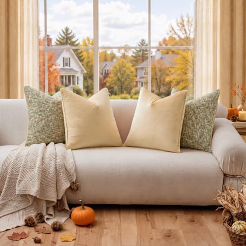 a moment Yellow 4 Pack Throw Pillow Covers - Chenille & Velvet Set with Piping, Farmhouse Textured Design Pillow Cases for Couch Sofa Bed Livingroom (18x18 Inch, No Insert) - Image 5