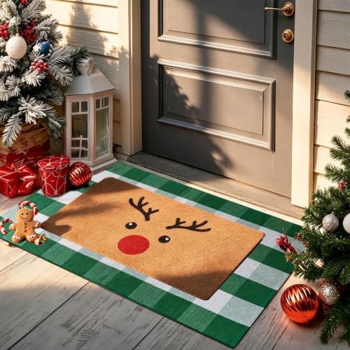 2 Piece Christmas Door Mat Set, Reindeer Coir Mat & Green Plaid Mat - Image 3