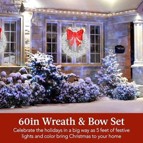 Best Choice Products 60in Pre-Lit Outdoor Christmas Wreath Decoration, LED Metal Holiday Decor for Home Exterior, Garden w/ 206 Lights, Bow - Silver/Red - Image 2