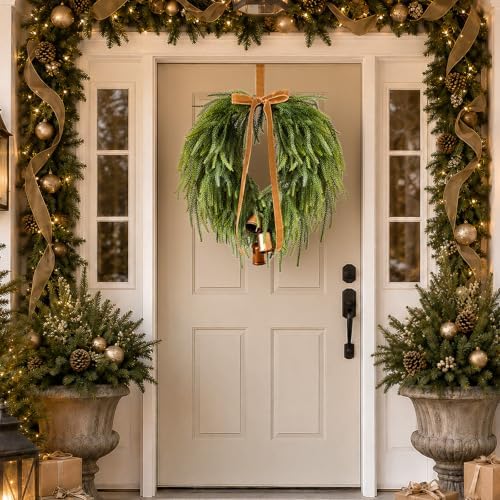 24" Christmas Wreaths Front Door Norfolk Pine Wreath with Bow Bells - Image 3