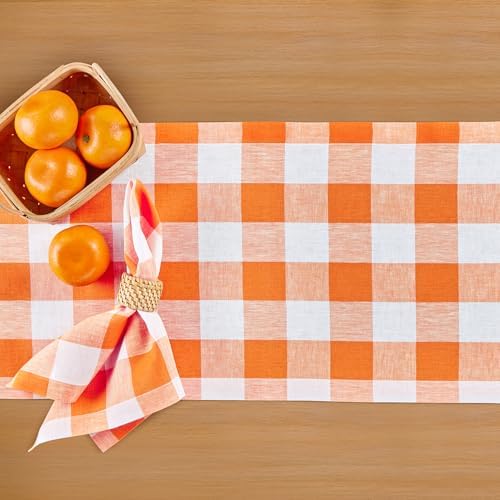 Solino Home 100% Linen Table Runner, 14 x 156 in, Pumpkin and White Check - Image 3