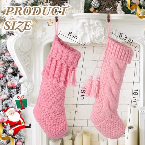 steo spce 5 Pack Pink & White Farmhouse Christmas Stockings – Rustic Boho Vintage Cable Knit Set, Includes 3 Small 15” Pink and 2 Large 18” White Stockings for Fireplace Mantel Holiday Décor - Image 2