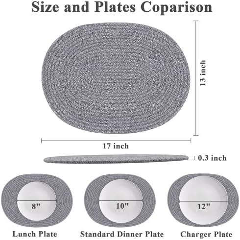 Oval Woven Placemats Set of 6, Boho Cotton Rope Braided Table Mats, 17x13 Inches Non Slip Heat Resistant Place Mats for Dining Room, Thick Hot Pads for Farmhouse Kitchen Table Decor. (Gray) - Image 2