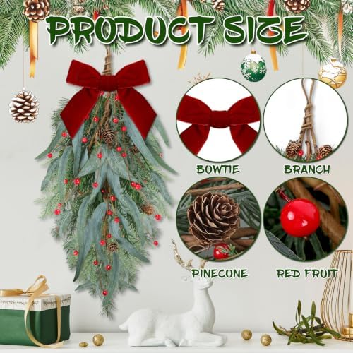 2 Pcs Christmas Teardrop Swag 24" Artificial Eucalyptus Leaves Teardrop Wreaths for Kitchen Cabinet with Ribbon Pinecones Red Berry Christmas Hanging Swag for Xmas Winter Door Window Wall Home Decor - Image 3