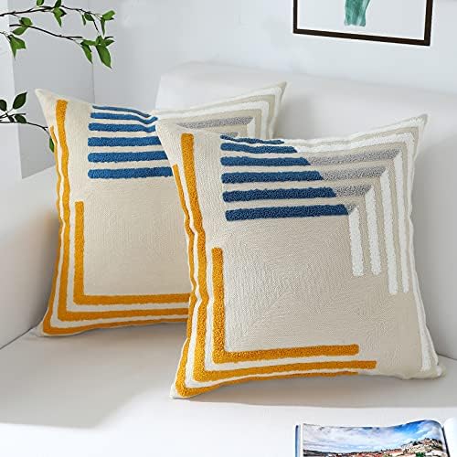Yellow Blue Modern Tufted Embroidered Pillow Covers 16x16 Set of 2 by Oirpro
