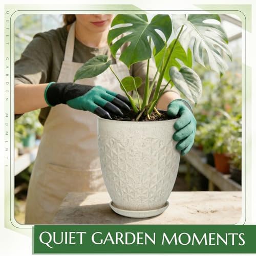 9.5 Inch Flower Pots for Indoor Plants,Ceramic Planter with Saucer Drainage Leak-Proof Mesh Gardening Gloves(Silk-White) - Image 5