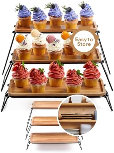 Homesphere 3 Tiered Tray Stand - Acacia Wood 3 Tier Serving Tray, Cupcake, Cake, Charcuterie Boards & Food Stand, Dessert Table Display Set, Wooden Party Serving Platters with Foldable Metal Supports by Homesphere