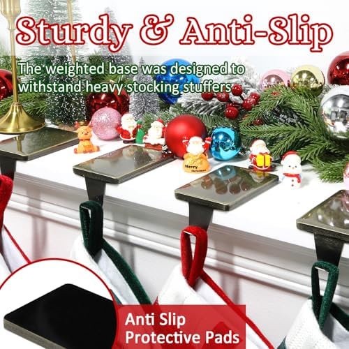 HMASYO Christmas Stocking Holders for Mantle, Set of 6 Bronze Heavy Duty Cast Iron Stocking Hangers Base, Low Profile Weighted Stocking Holder Hooks for Fireplace Tabletop Shelf Christmas Decorations - Image 4