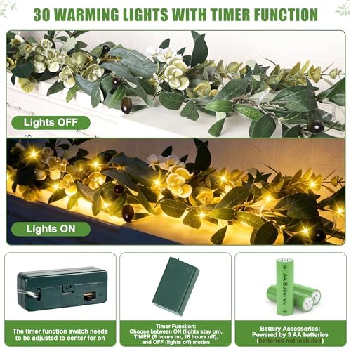 Artgar Olive Garland with Lights - 6 Ft Eucalyptus Garland with Timer - Image 3