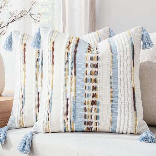 NUYECY Boho Throw Pillow Covers 18x18 Neutral Boucle Couch Pillow Cover Rainbow Striped Decorative Accent Pillow Case for Couch Bed Sofa Farmhouse Bedroom,Modern Funky,Set of 2 Light Blue Earth Tones by NUYECY