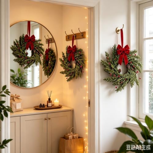 6 Pcs Small 4th of July Hanging Wreaths for Cabinets Patriotic Mini Candle Ring Wreath with Red White Blue Flowers Artificial Independence Day Wreath for Front Door (6, Mini Red Berries) - Image 5