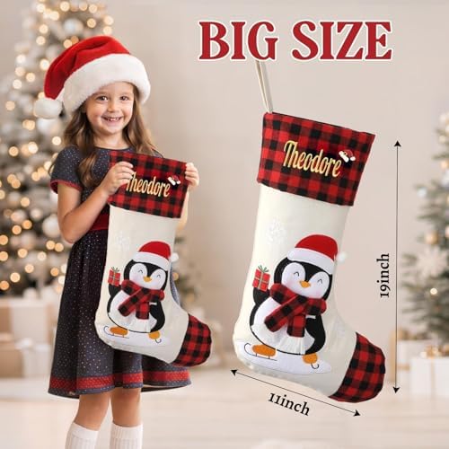 Personalized Christmas Stockings with Embroidered Name & Monogram,Custom 3D Xmas Character Stocking 5 Pack 18” Large,Santa,Snowman & Reindeer Fireplace Hanging Red Burlap Plaid Stockings(D) - Image 3