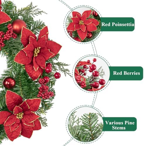 SHACOS Artificial Christmas Wreath 24" Poinsettia Flower Wreaths - Image 2